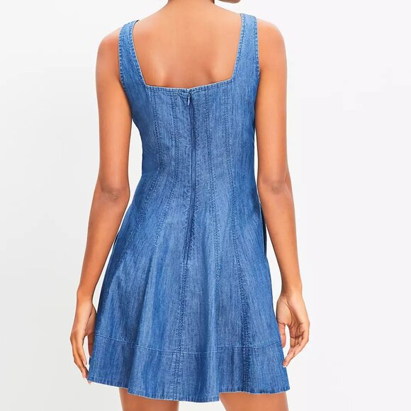LOFT Chambray Seamed Mini Flare Dress 10 Square Neck - Picture 2 of 15